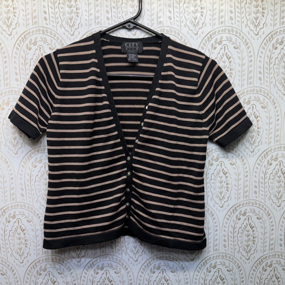 City Silk Petite Medium Cardigan Tan‎ Striped Silk Cotton Short Sleeve VNeck